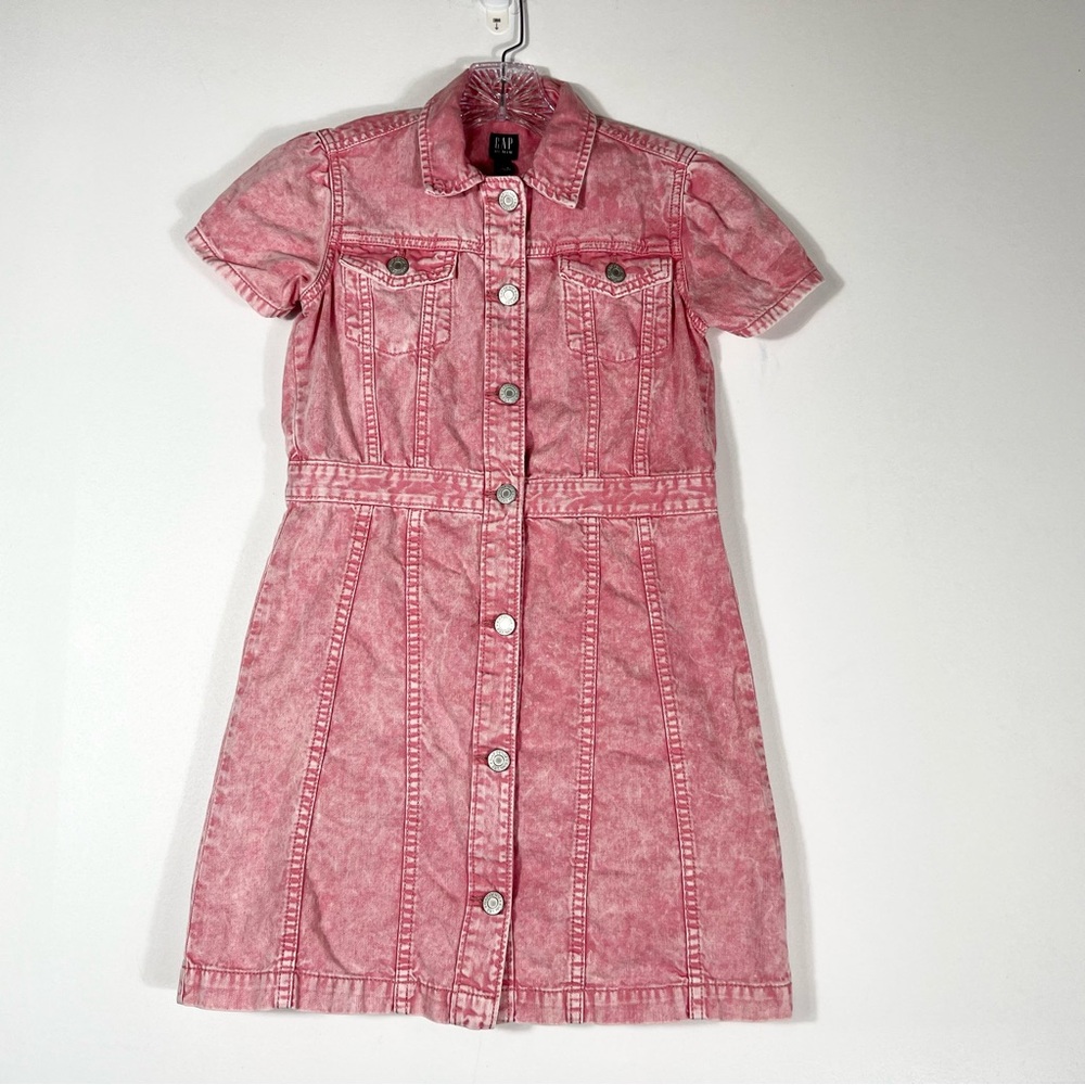 GAP DENIM Girl's Sunrise Pink Acid Wash Denim Shirt Dress Size Large Snap Button